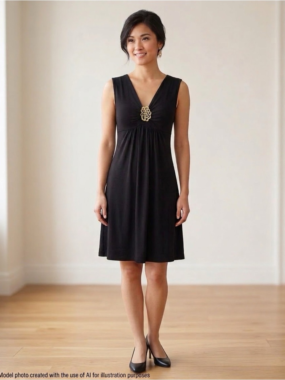 Trina Turk Black Mini Dress V-Neck Gold Buckle Medallion Empire Waist LBD Small